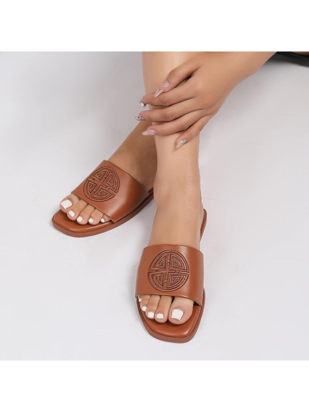 Women's Brown Soft Faux Leather Slides Flat With Memory Foam Comfortable Shoes - Picture 2 of 5